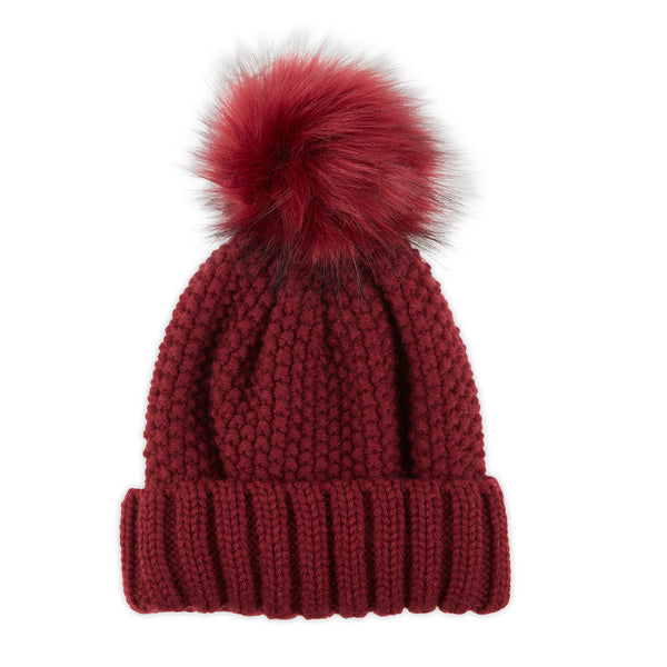 Snap On Pom Pom Beanie - Wine