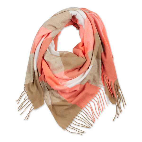 Fringle Plaid Blanket Scarf - Pink & Beige