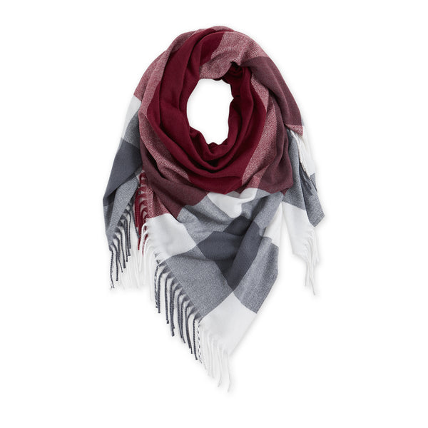 Fringe Plaid Blanket Scarf - Burgundy & Grey